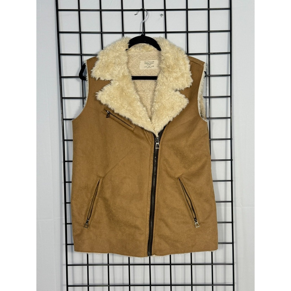 Zara Trafaluc Faux Fur Vest Womens M Medium Tan Gorpcore Boho Faux Suede Fall